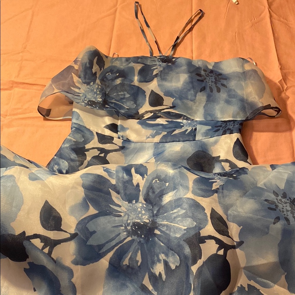 CARMEN MARC VALVO Blue Floral A-Line Gown LIKE NEW